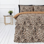 Dvigulė patalynė „Roar“. Flanelinė patalynė, 200x200 cm, 200x220 cm. Smėlio spalvos patalynė su ryškiu juodu ir rusvu leopardo raštu.