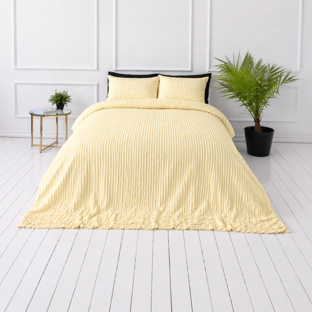 Glamžytos medvilnės patalynės komplektas „Kora Yellow“. Vienspalvė patalynė, 140x200 cm, 150x200 cm, 160x200 cm, 180x200 cm, 200x200 cm, 200x220 cm, 220x240 cm. Natūralaus tono patalynė