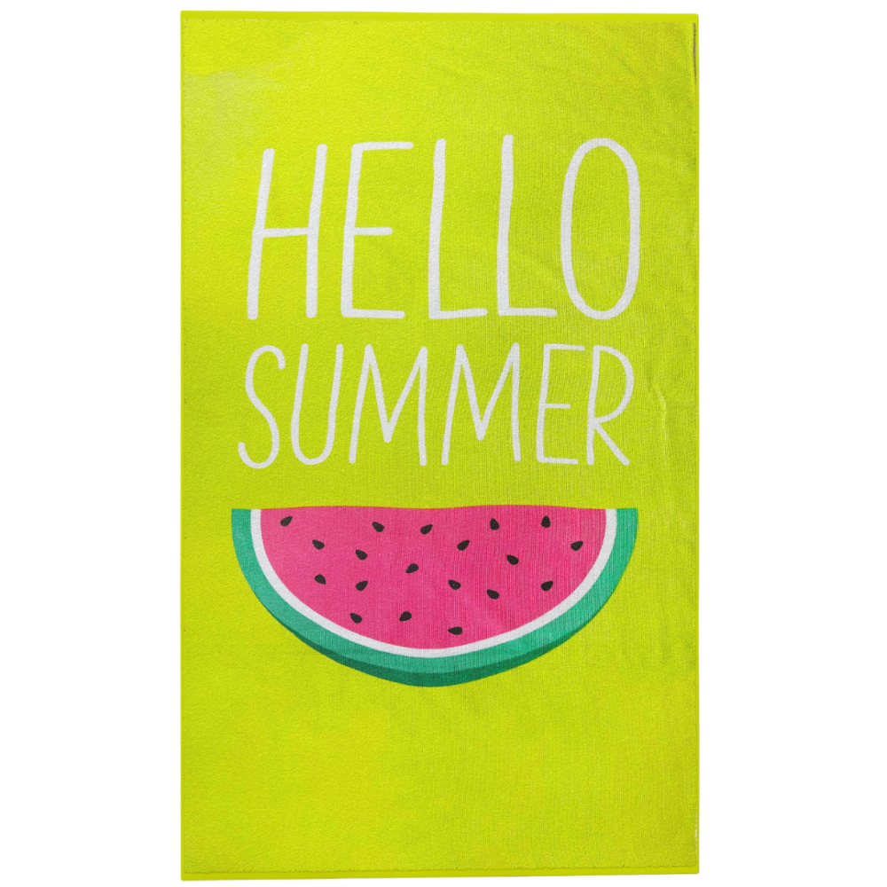 Paplūdimio rankšluostis „Watermelon“. Rankšluosčiai. Šviesus salotų spalvos paplūdimio rankšluostis su dideliu arbūzo griežinėliu, puikiai tinkantis vasaros poilsiui prie vandens.