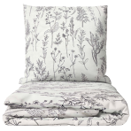 Patalynės komplektas „Alkali“. Raštuota patalynė, 140x200 cm, 200x200 cm, 200x220 cm. Balta patalynė su smulkiais tamsiai violetiniais augalų kontūrais.