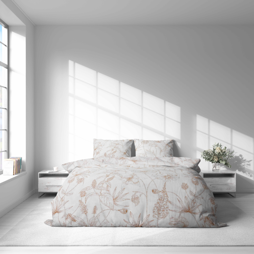 Patalynės komplektas „Aubrielle“. Raštuota patalynė, 140x200 cm, 150x200 cm, 160x200 cm, 180x200 cm, 200x200 cm, 200x220 cm, 220x240 cm. Švelnaus atspalvio patalynės komplektas su botaniniais kontūrais