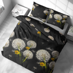 Patalynės komplektas „Dandelion Night“. Patalynės komplektai 140x200, 140x200 cm, 200x200 cm, 200x220 cm. Patalynės komplektas, kuriame derinami pienių ir geltonų gėlių motyvai su juodu fonu.