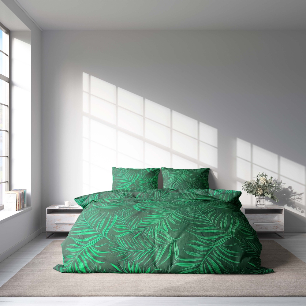 Patalynės komplektas „Fern“. Patalynės komplektai 140x200, 140x200 cm, 160x200 cm, 200x200 cm, 200x220 cm. Raminanti žalia patalynė, papuošta dideliais paparčio motyvais, įnešančiais nuotaikos į lauką