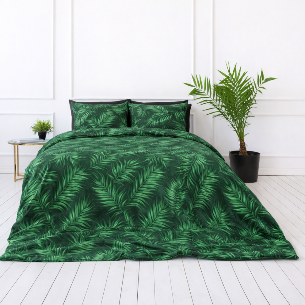 Patalynės komplektas „Fern“. Patalynė su augalais, 140x200 cm, 150x200 cm, 160x200 cm, 180x200 cm, 200x200 cm, 200x220 cm. Patalynės komplektas su ryškiu paparčio raštu tamsiai žaliame fone Patalynės komplektas „Fern“. Patalynė su augalais, 140x200 cm, 150x200 cm, 160x200 cm, 180x200 cm, 200x200 cm, 200x220 cm. Patalynės komplektas su ryškiu paparčio raštu tamsiai žaliame fone