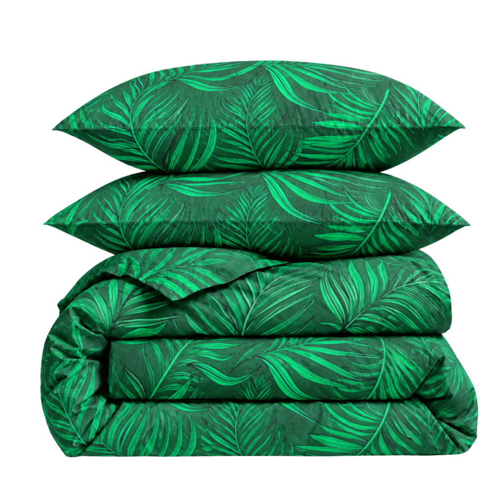 Patalynės komplektas „Fern“. Patalynė su augalais, 140x200 cm, 150x200 cm, 160x200 cm, 180x200 cm, 200x200 cm, 200x220 cm. Prabangi tamsiai žalia patalynė su per dideliu paparčio raštu - gamtos dvelksmas patalpoje Patalynės komplektas „Fern“. Patalynė su augalais, 140x200 cm, 150x200 cm, 160x200 cm, 180x200 cm, 200x200 cm, 200x220 cm. Prabangi tamsiai žalia patalynė su per dideliu paparčio raštu - gamtos dvelksmas patalpoje