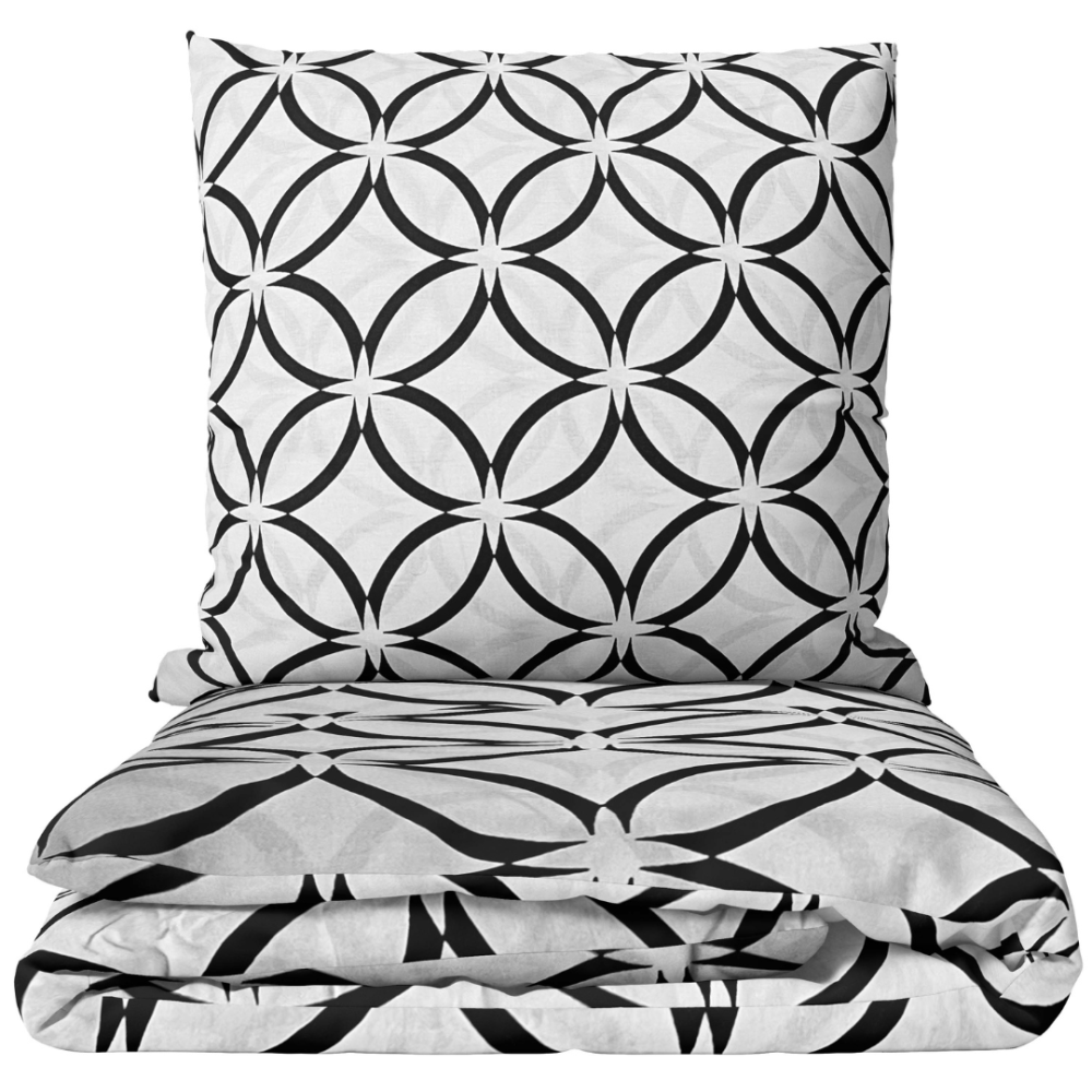 Patalynės komplektas „Grey Retro Rings“. Patalynės komplektai 200x220, 140x200 cm, 160x200 cm, 200x200 cm, 200x220 cm. Juodai pilko geometrinio rašto patalynės komplektas su pasikartojančiais apskritimais