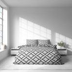 Patalynės komplektas „Grey Retro Rings“. Patalynės komplektai 200x220, 140x200 cm, 160x200 cm, 200x200 cm, 200x220 cm. Minimalistinio stiliaus patalynė su juodų ratilų ornamentu ant šviesaus fono