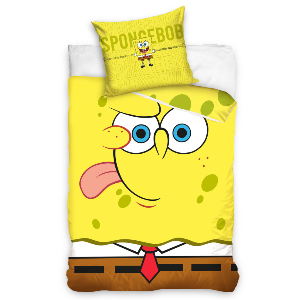 Patalynės komplektas „Happy Sponge“. Vaikiška patalynė, 140x200 cm. Geltona vaikiška patalynė su dideliu kempiniuko plačiakelnio personažu.