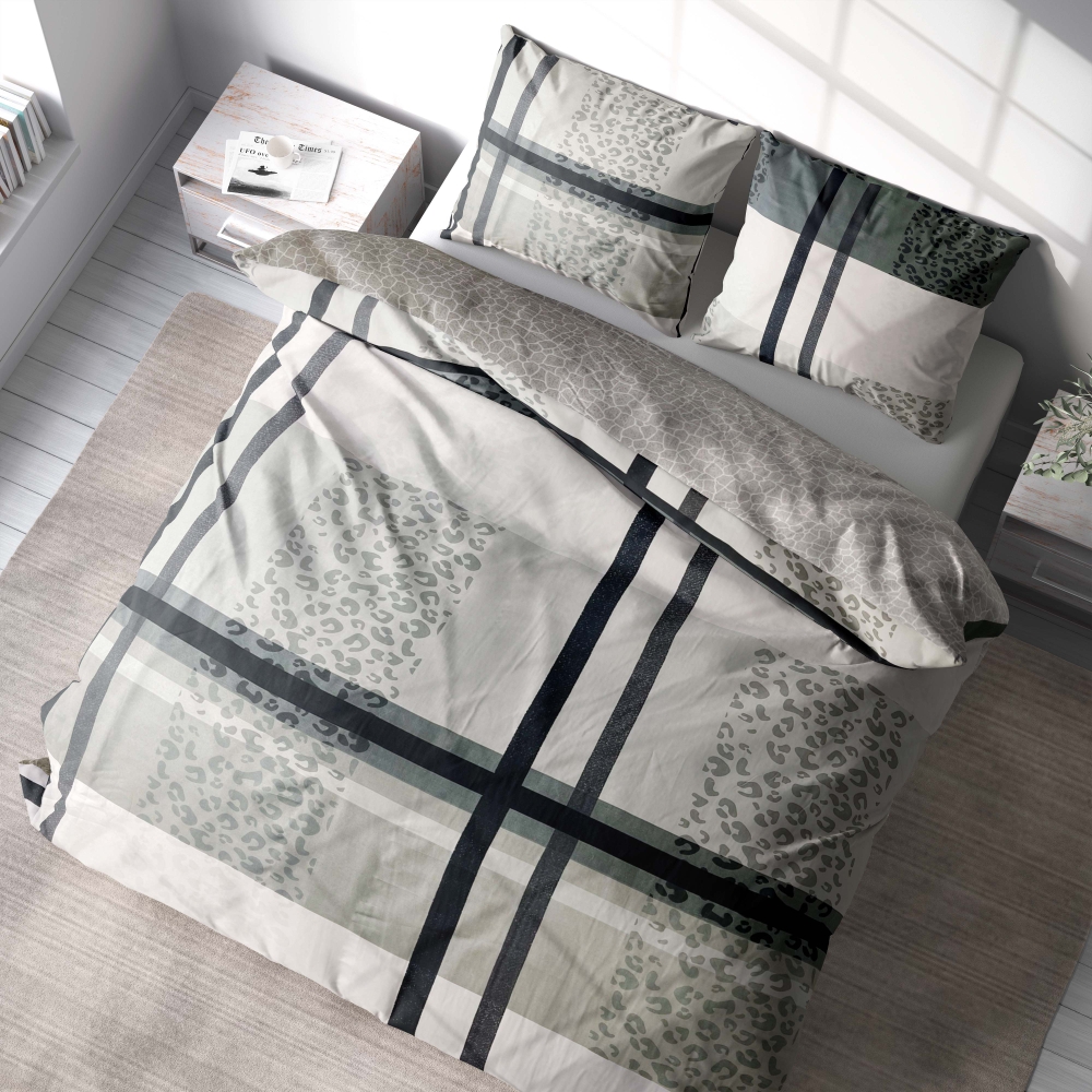 Patalynės komplektas „Lane Luxe“. Patalynės komplektai 140x200, 140x200 cm. Šiuolaikinis patalynės dizainas su susikertančiais tinklelio raštais ir leopardo rašto atspalviu