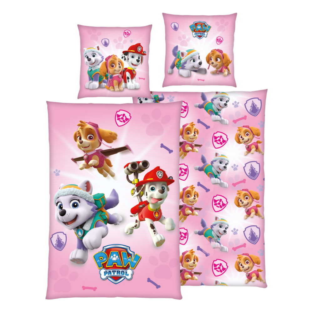 Patalynės komplektas „Paw Patrol Pink“. Medvilninė patalynė, 135x200 cm. Rožinis patalynės komplektas su „paw patrol“ šuniukais ir spalvingais ženkleliais. Patalynės komplektas „Paw Patrol Pink“. Medvilninė patalynė, 135x200 cm. Rožinis patalynės komplektas su „paw patrol“ šuniukais ir spalvingais ženkleliais.