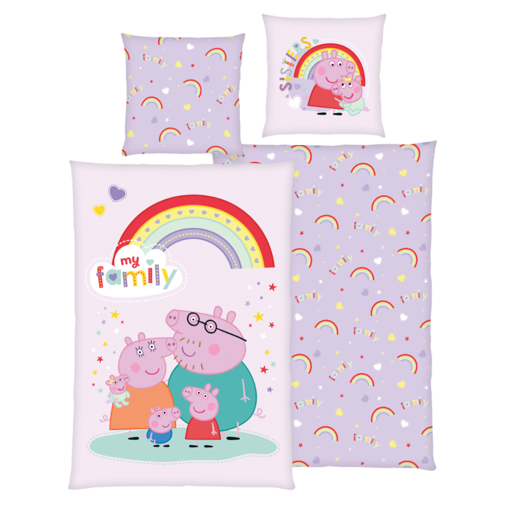 Patalynės komplektas „Peppa Pig“. Vaikiška patalynė, 135x200 cm. Švelniai violetinis patalynės komplektas su peppa pig šeima ir vaivorykšte. Patalynės komplektas „Peppa Pig“. Vaikiška patalynė, 135x200 cm. Švelniai violetinis patalynės komplektas su peppa pig šeima ir vaivorykšte.