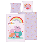 Patalynės komplektas „Peppa Pig“. Vaikiška patalynė, 135x200 cm. Švelniai violetinis patalynės komplektas su peppa pig šeima ir vaivorykšte. Patalynės komplektas „Peppa Pig“. Vaikiška patalynė, 135x200 cm. Švelniai violetinis patalynės komplektas su peppa pig šeima ir vaivorykšte.