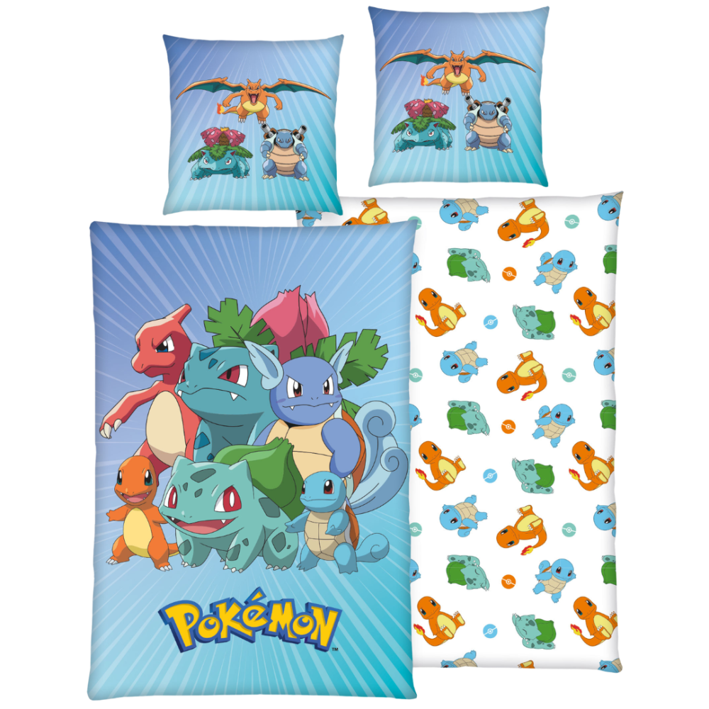 Patalynės komplektas „Pokemon“. Vaikiška patalynė, 135x200 cm. Žydras pokémon patalynės komplektas su spalvingais bulbasaur, charmander ir squirtle personažais. Patalynės komplektas „Pokemon“. Vaikiška patalynė, 135x200 cm. Žydras pokémon patalynės komplektas su spalvingais bulbasaur, charmander ir squirtle personažais.