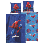 Patalynės komplektas „Spiderman“. Vaikiška patalynė, 135x200 cm. Mėlynas „spider-man“ patalynės dizainas su raudonai mėlynu žmogumi-voru miesto fone