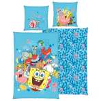 Patalynės komplektas „SpongeBob SquarePants“. Medvilninė patalynė, 135x200 cm. Žydras patalynės komplektas su kempiniuku, patriku ir kitais spalvingais personažais.