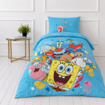 Patalynės komplektas „SpongeBob SquarePants“. Medvilninė patalynė, 135x200 cm. Ryškiai žydras patalynės komplektas su spalvingais bikini bottom veikėjų piešiniais.
