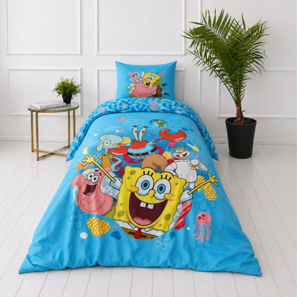 Patalynės komplektas „SpongeBob SquarePants“. Medvilninė patalynė, 135x200 cm. Žydras patalynės komplektas su kempiniuku, patriku, sendi, ponu krabu ir kalmaru.