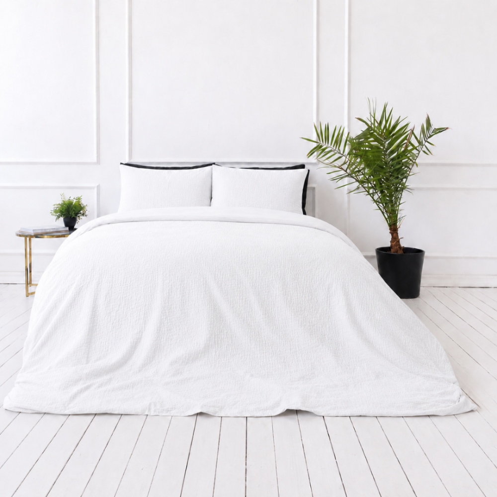 Muslino patalynės komplektas „White muslin“. Patalynės komplektai, 200x200 cm, 200x220 cm. Minimalistinis baltas patalynės komplektas su lengva muslino tekstūra