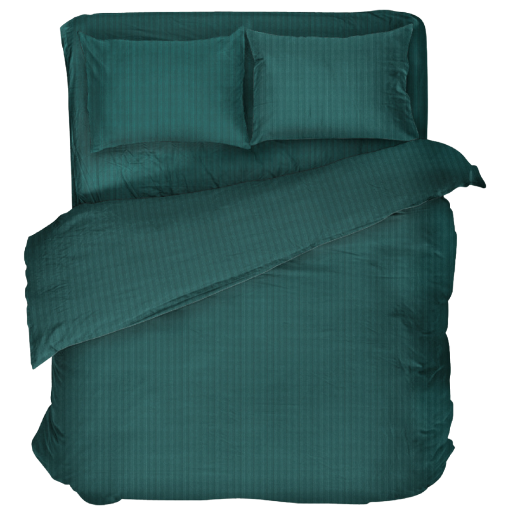 Premium satino patalynės komplektas „Green Stripe Satin“. Satino patalynė, 140x200 cm, 200x200 cm. Tamsiai žalias patalynės komplektas su subtiliomis vertikaliomis juostelėmis, suteikiantis elegancijos ir ramybės miegamajam.