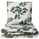Satino patalynės komplektas „Viridelle“. Žalia patalynė, 140x200 cm, 150x200 cm, 160x200 cm, 180x200 cm, 200x200 cm, 200x220 cm. Šviesus patalynės komplektas su žalių lapų raštu
