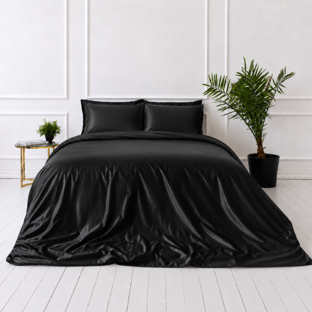 Šilkinis patalynės komplektas „Onyx Silk“. Vienspalvė patalynė, 200x220 cm. Elegantiškas juodos spalvos šilkinis patalynės komplektas su sodriu blizgesiu ir lygiu paviršiumi. Šilkinis patalynės komplektas „Onyx Silk“. Vienspalvė patalynė, 200x220 cm. Elegantiškas juodos spalvos šilkinis patalynės komplektas su sodriu blizgesiu ir lygiu paviršiumi.
