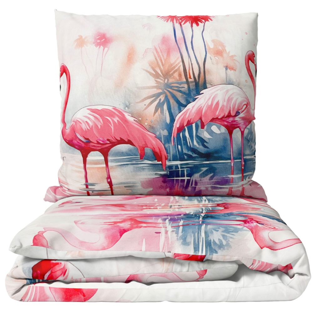 Vaikiška patalynė „Flamingo Paradise“. Vaikiška patalynė, 140x200 cm. Vaikiškas patalynės komplektas su rožiniais flamingais ant baltos spalvos fono, kuriame vaizduojama ramybės ir žaismingumo atmosfera.