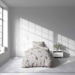 Vaikiškas patalynės komplektas „Kuddle Knoll”. Pilka patalynė, 100x140 cm, 140x200 cm, 150x200 cm, 160x200 cm. Švelnaus fono patalynė su voverėmis, ežiukais ir miško motyvais