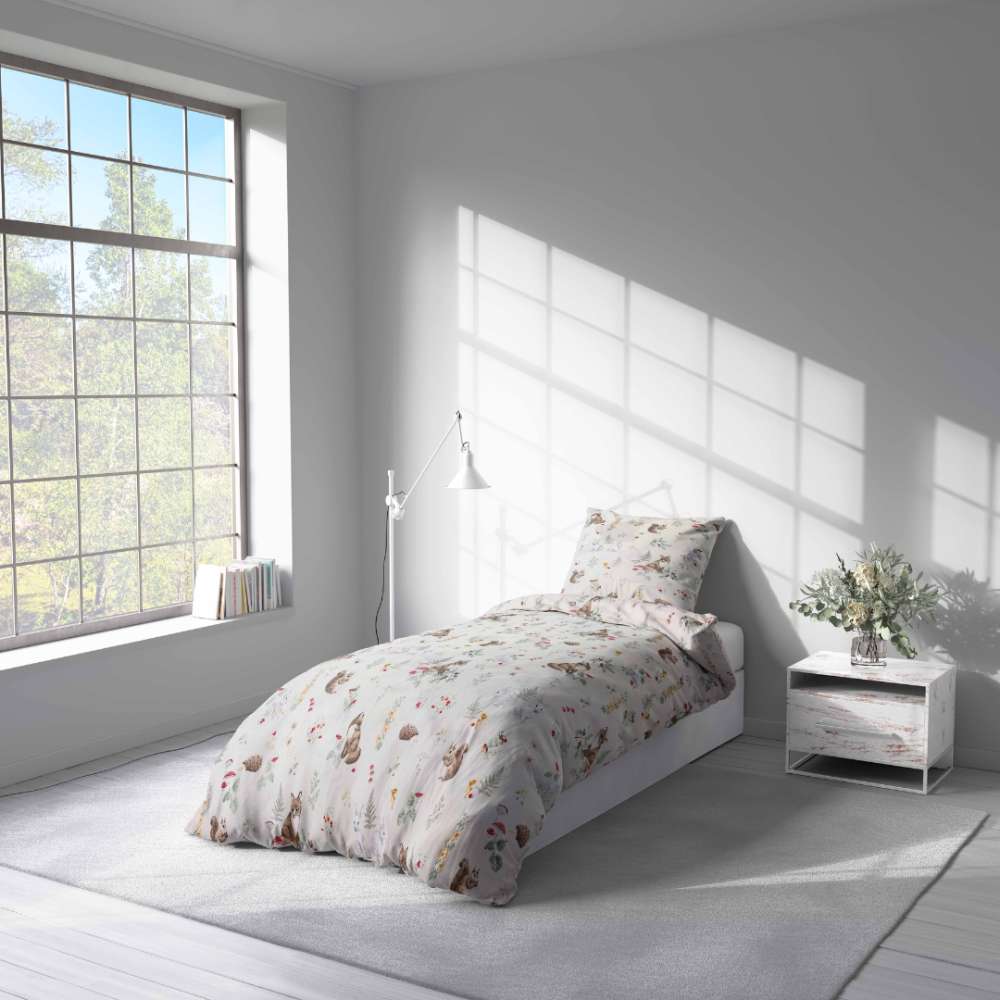 Vaikiškas patalynės komplektas „Kuddle Knoll”. Pilka patalynė, 100x140 cm, 140x200 cm, 150x200 cm, 160x200 cm. Vaikiška patalynė su žaismingais miško gyvūnėlių piešiniais