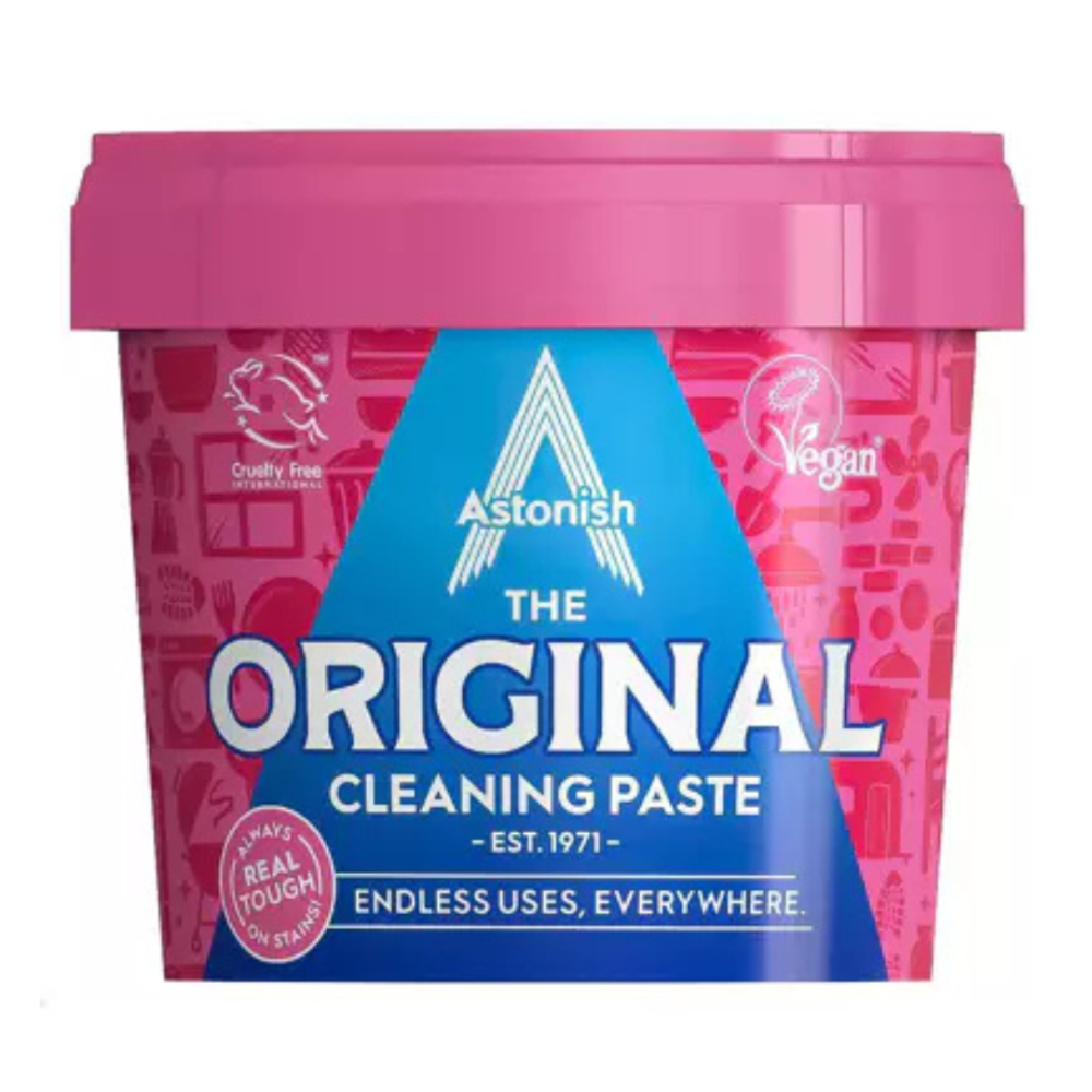 Valymo pasta „Cleaning paste Astonish“. Valikliai. Astonish valymo pasta, sukurta kovoti su sunkiais dėmėmis ir purvu, paliekant paviršius blizgančius švarius.