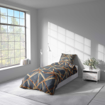 Viengulės patalynės komplektas „Zafirion“. Pilka patalynė, 140x200 cm, 150x200 cm, 160x200 cm. Grafito spalvos patalynė dekoruota geometrinėmis aukso juostomis.