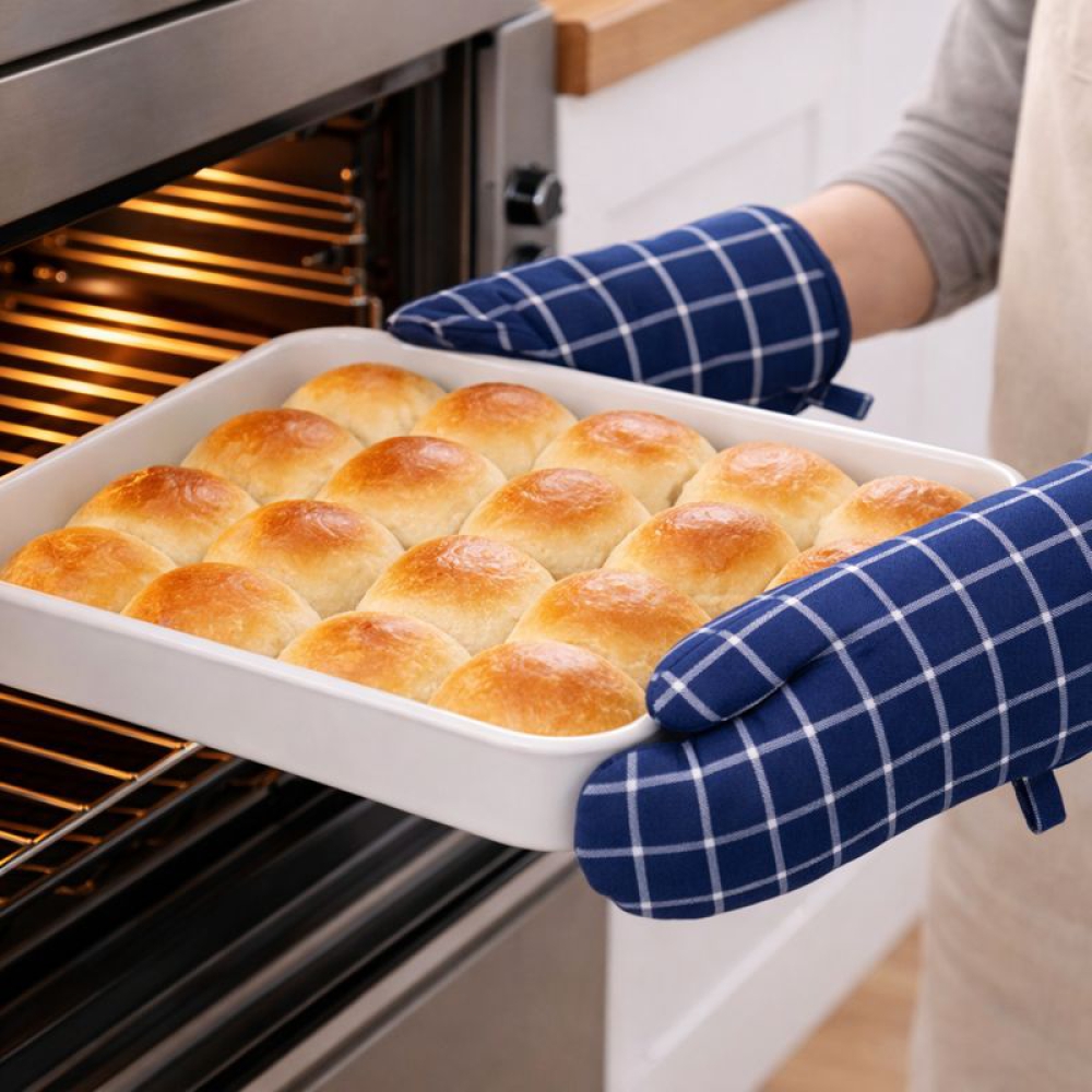 Virtuvinė pirštinė „Ocean Shade glove“. Virtuvinės pirštinės. Medvilninė orkaitės pirštinė su mėlynos ir baltos spalvos languotu raštu