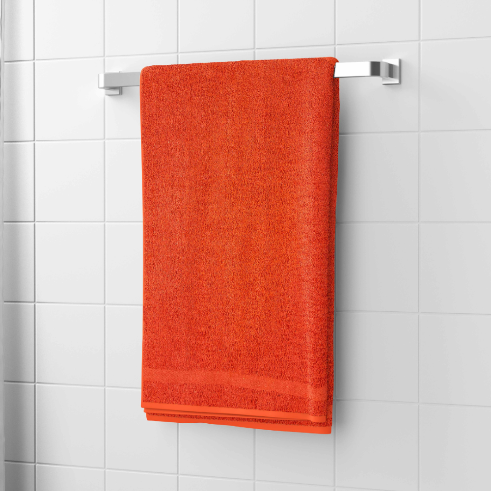 Vonios rankšluostis „Orange Economic Towel“. Rankšluosčiai, 60x35 cm, 100x45 cm. Vienos spalvos oranžinis rankšluostis be raštų.